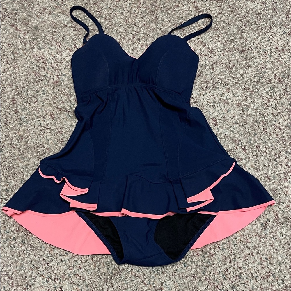 Gottex Navy and Pink ruffle skirted Swim Dress